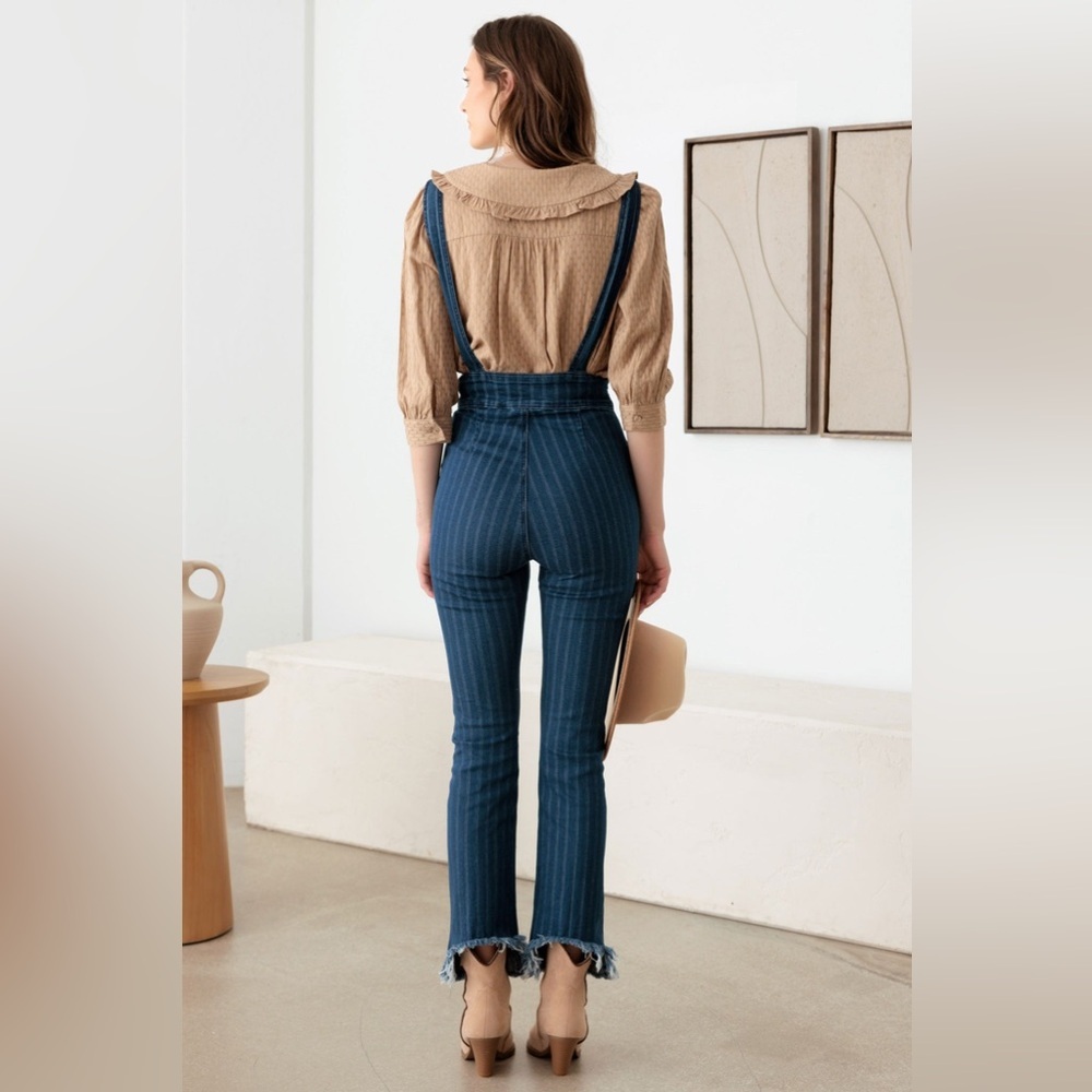 NWT-Striped Pattern Stretched Suspender Denim Jumpsuit - Picture 6 of 7